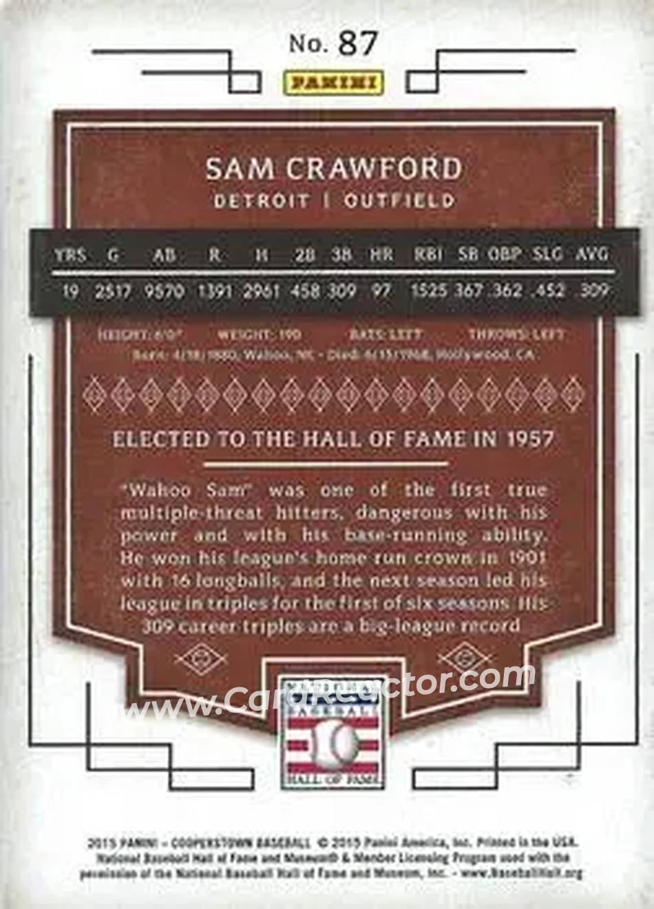 2015 Panini Cooperstown #87 - Sam Crawford - Detroit Tigers - Back