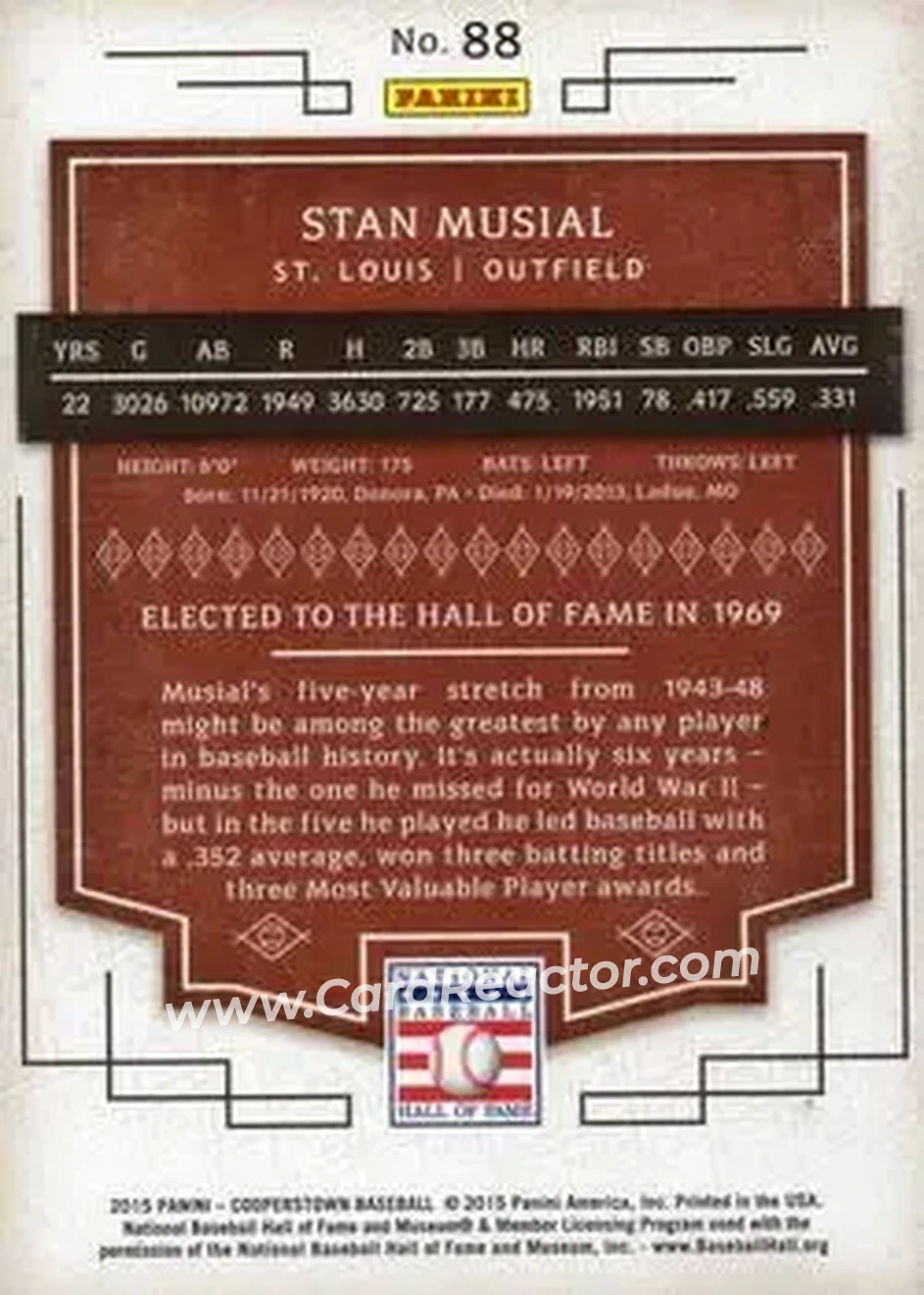 2015 Panini Cooperstown #88 - Stan Musial - St. Louis Cardinals - Back