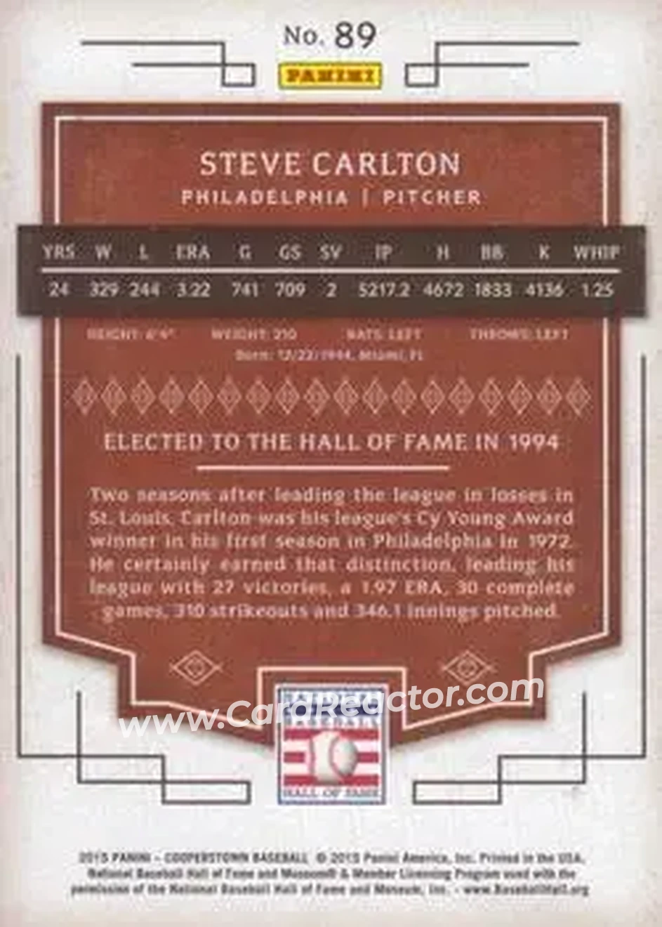 2015 Panini Cooperstown #89 - Steve Carlton - Philadelphia Phillies - Back
