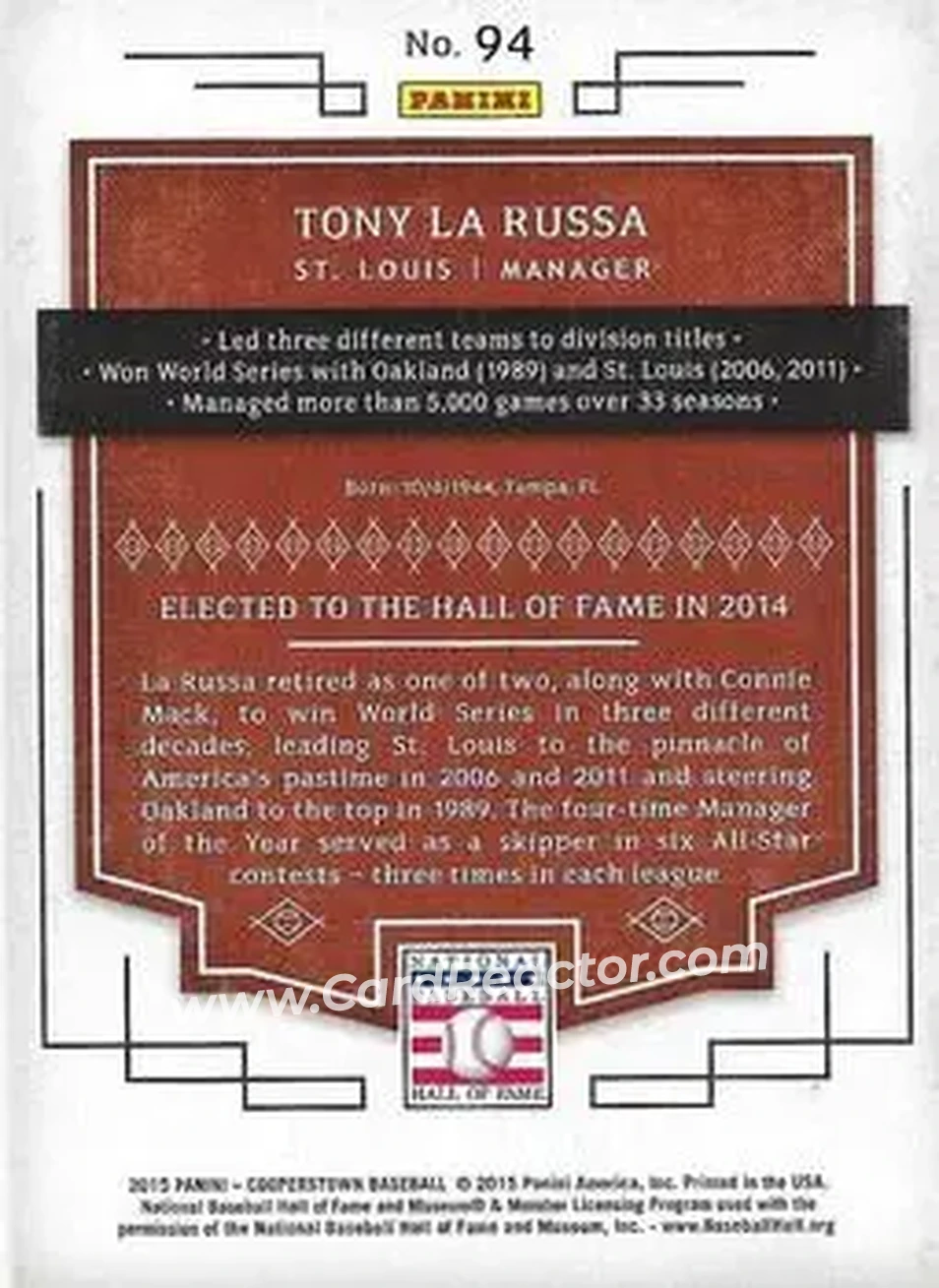 2015 Panini Cooperstown #94 - Tony La Russa - St. Louis Cardinals - Back