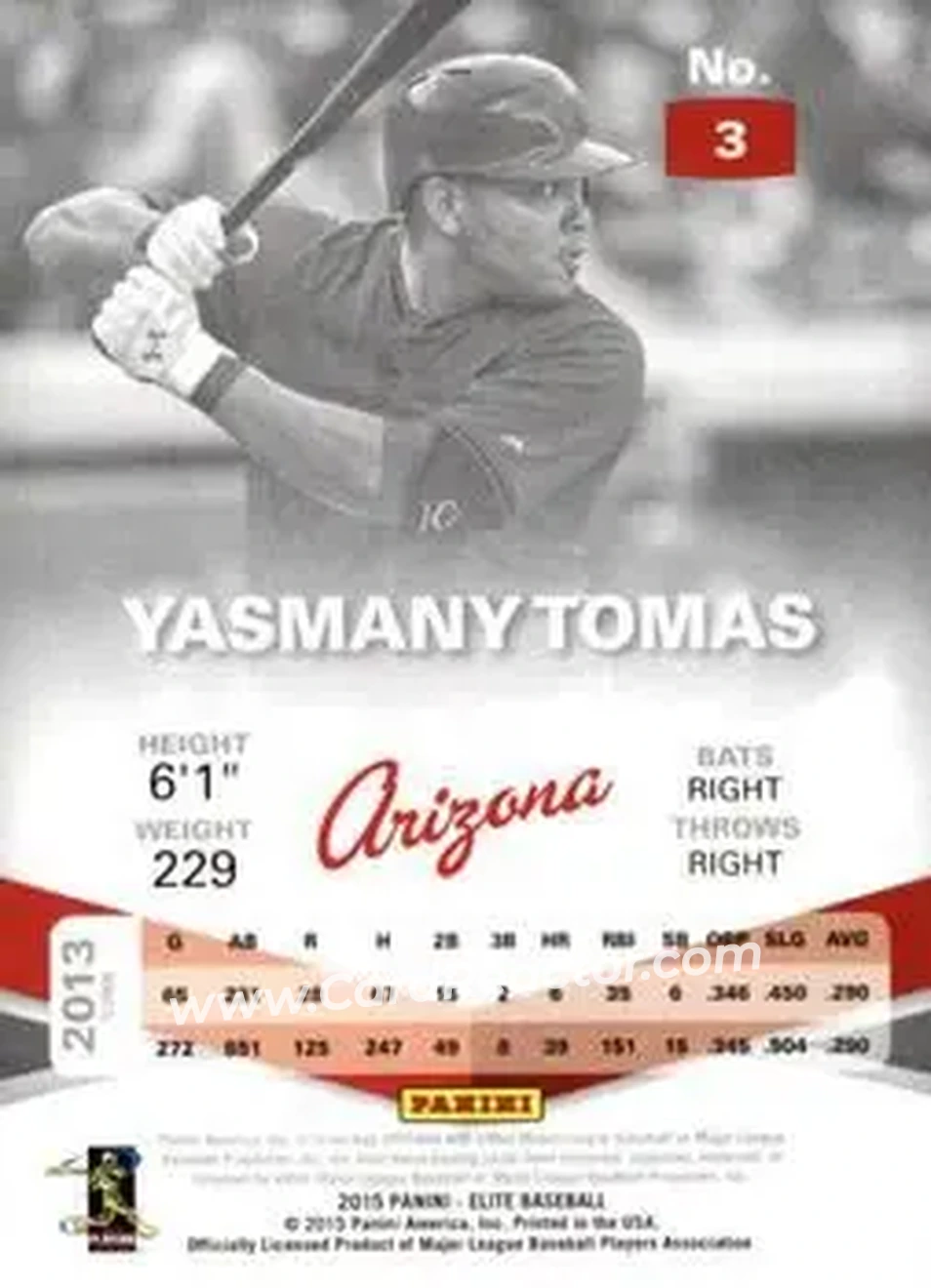 2015 Panini Elite #3 - Yasmany Tomas - Arizona Diamondbacks - Back