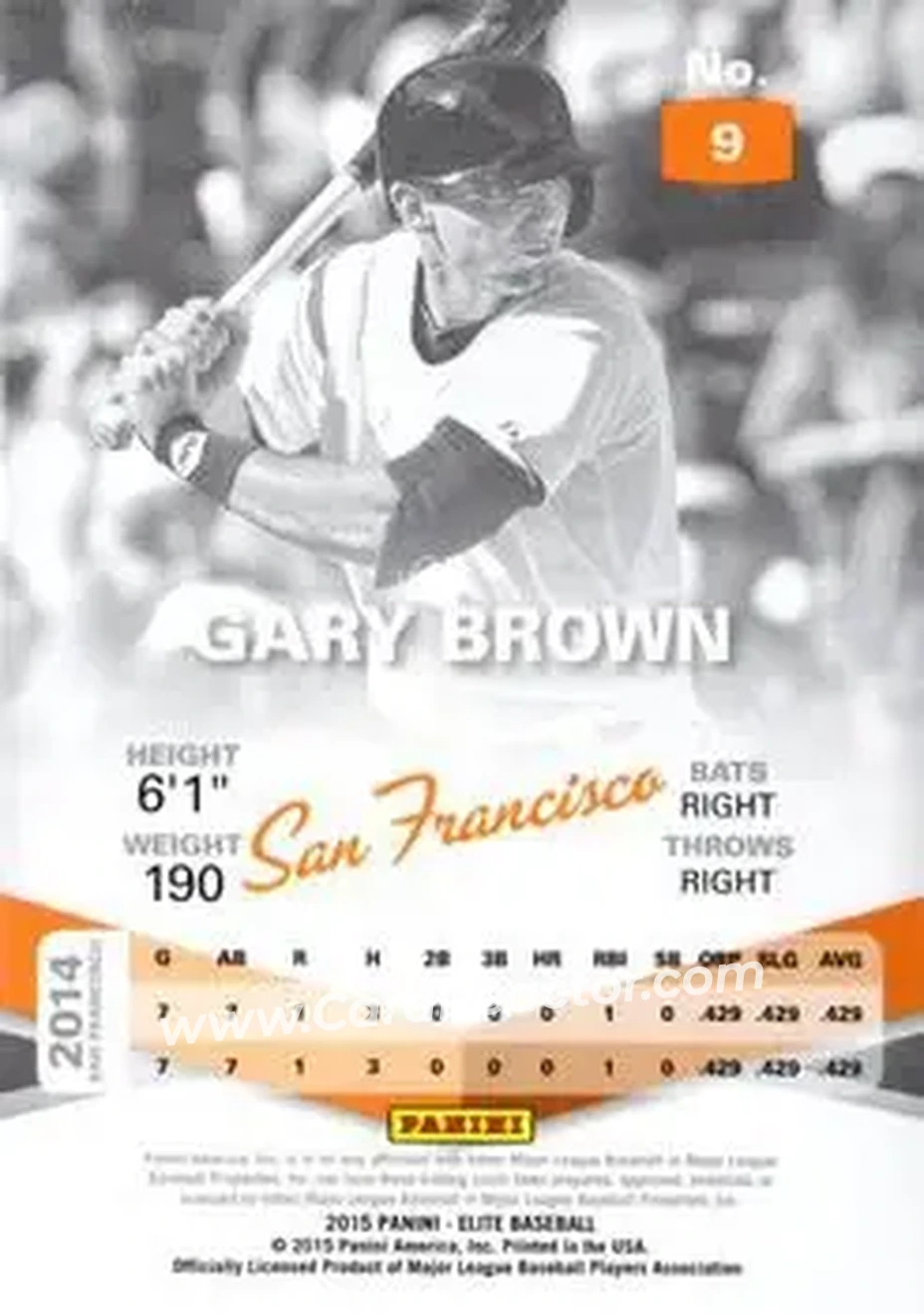 2015 Panini Elite #9 - Gary Brown - San Francisco Giants - Back
