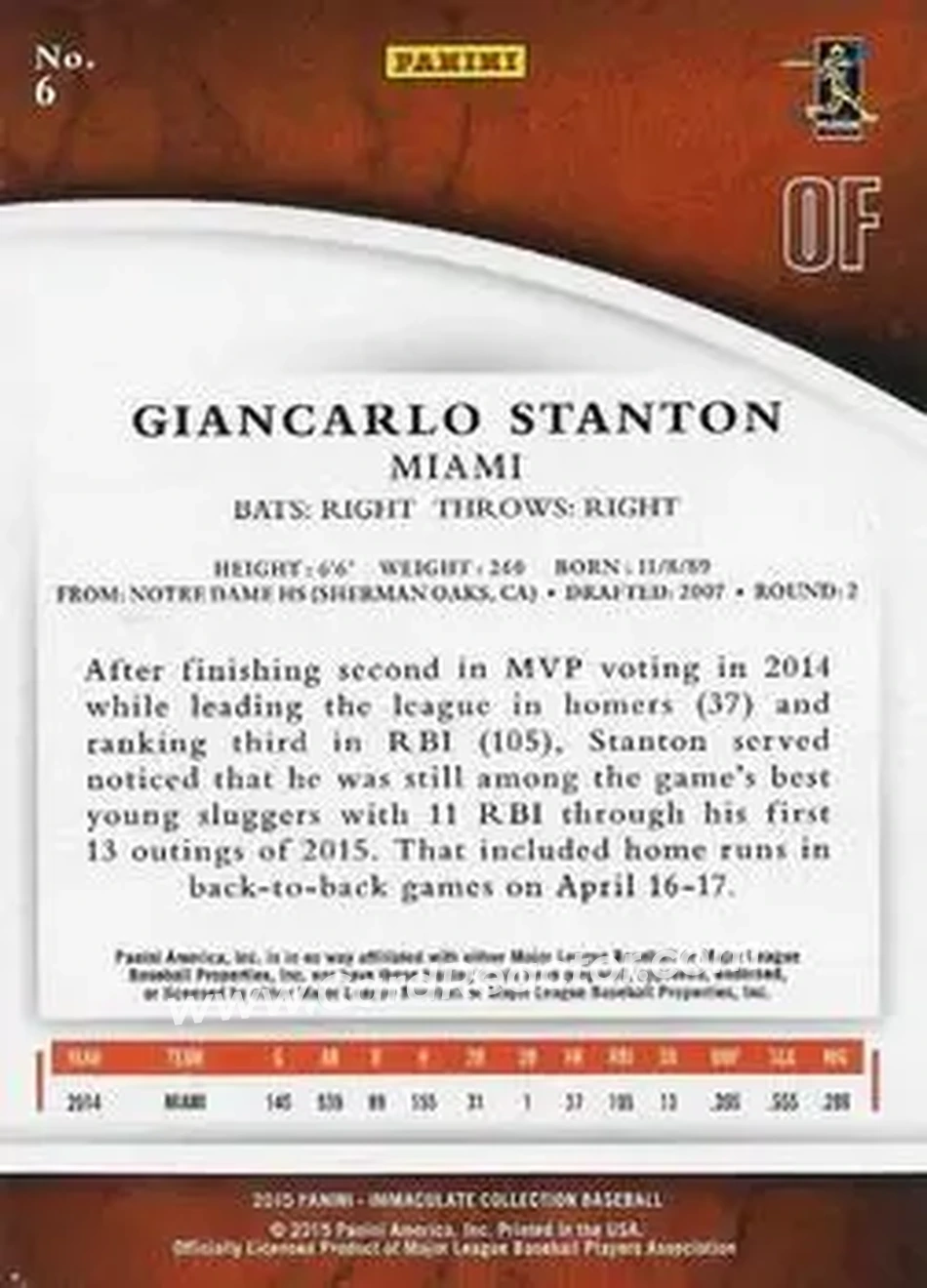 2015 Panini Immaculate Collection #6 - Giancarlo Stanton - Miami Marlins - Back