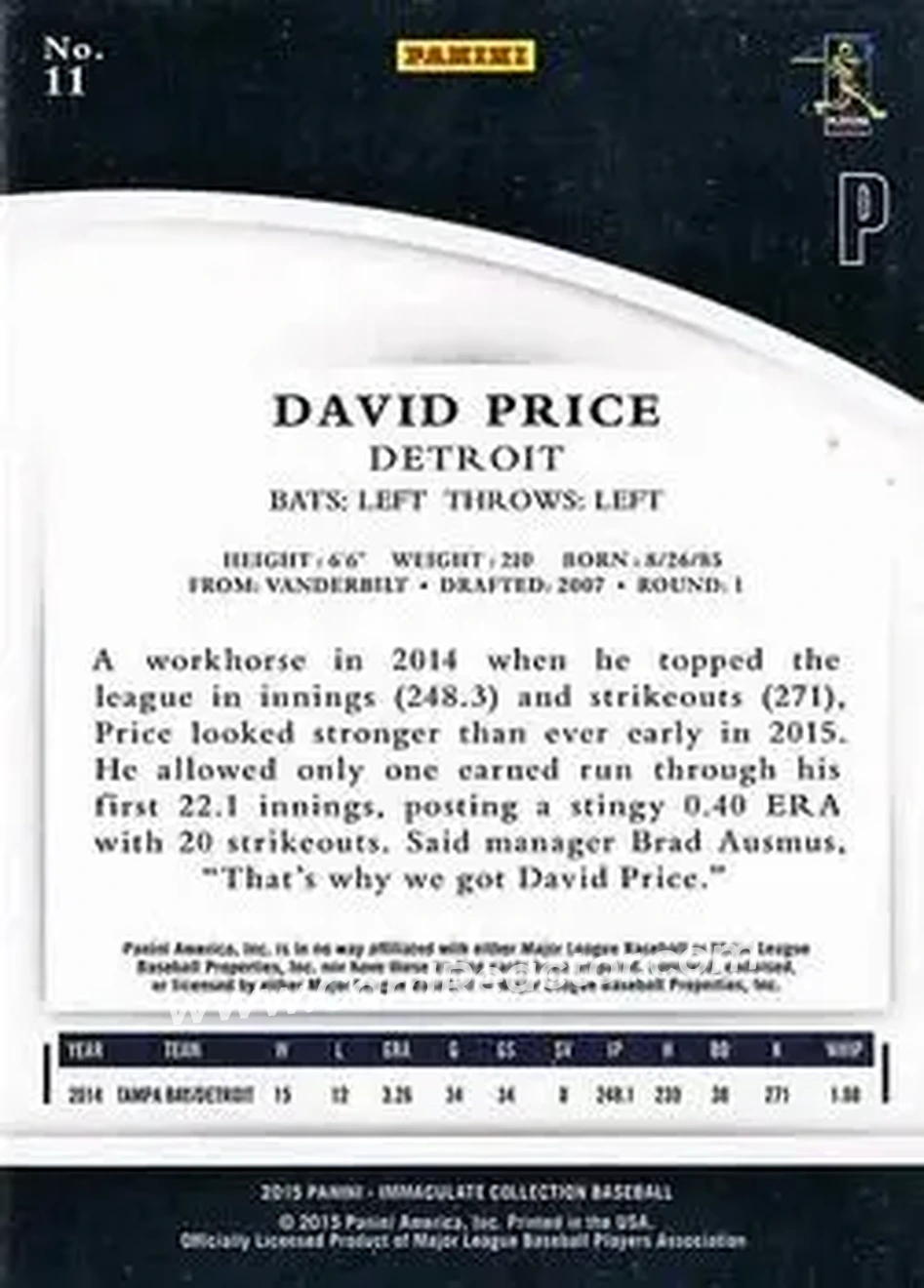 2015 Panini Immaculate Collection #11 - David Price - Detroit Tigers - Back