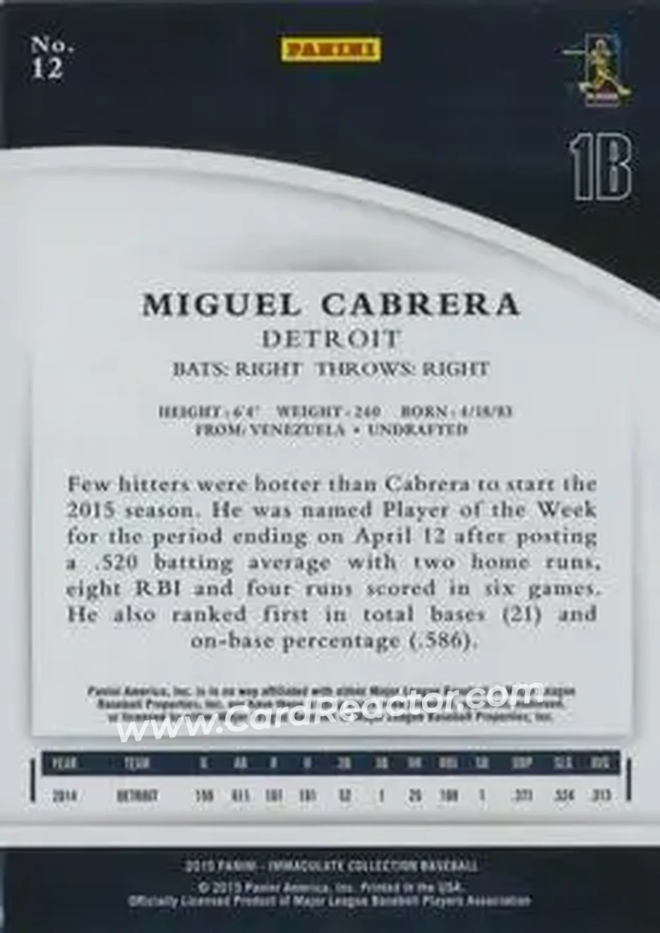 2015 Panini Immaculate Collection #12 - Miguel Cabrera - Detroit Tigers - Back