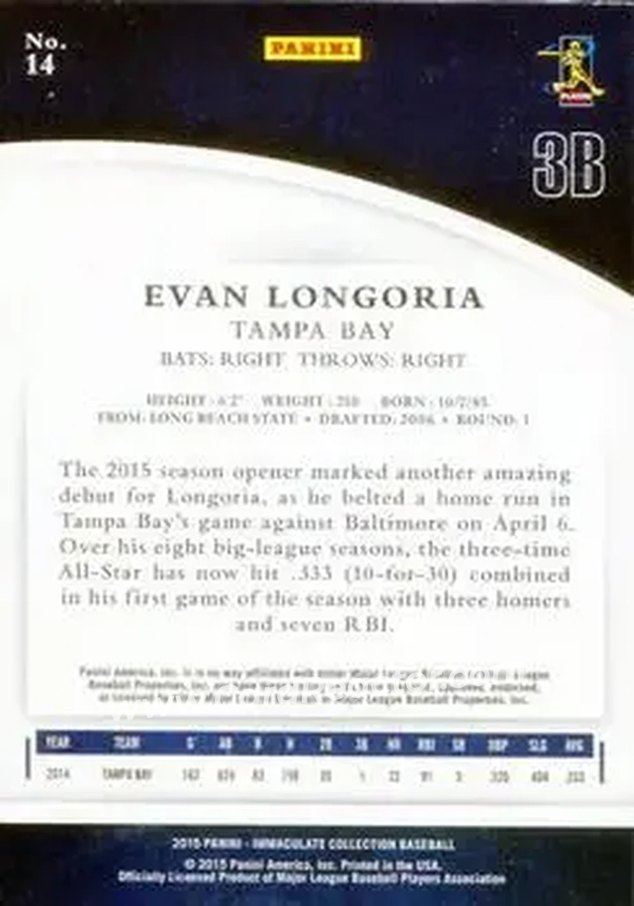 2015 Panini Immaculate Collection #14 - Evan Longoria - Tampa Bay Rays - Back