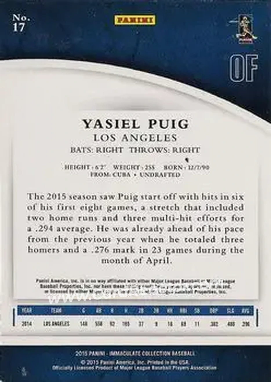2015 Panini Immaculate Collection #17 - Yasiel Puig - Los Angeles Dodgers - Back