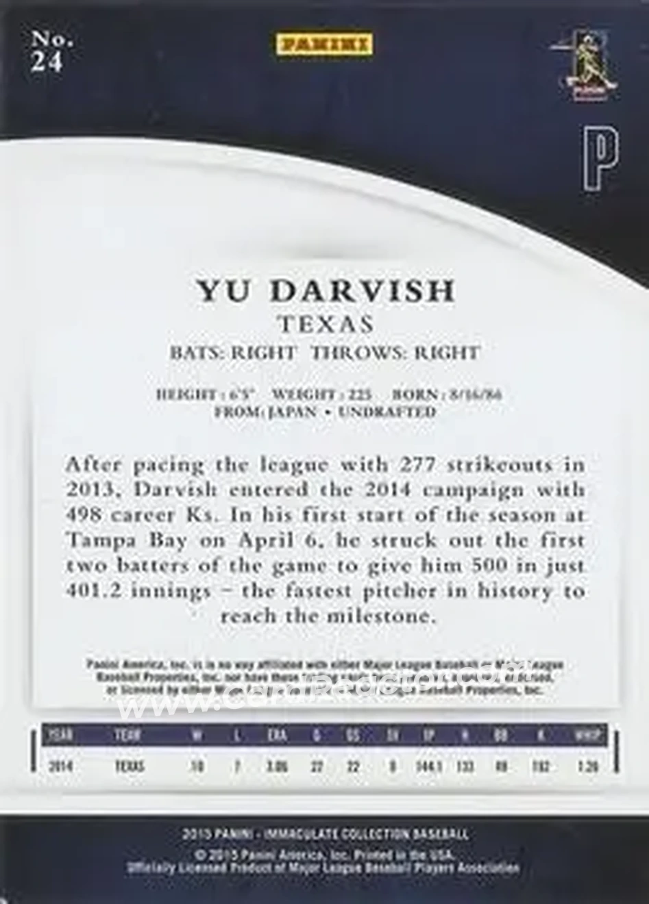 2015 Panini Immaculate Collection #24 - Yu Darvish - Texas Rangers - Back