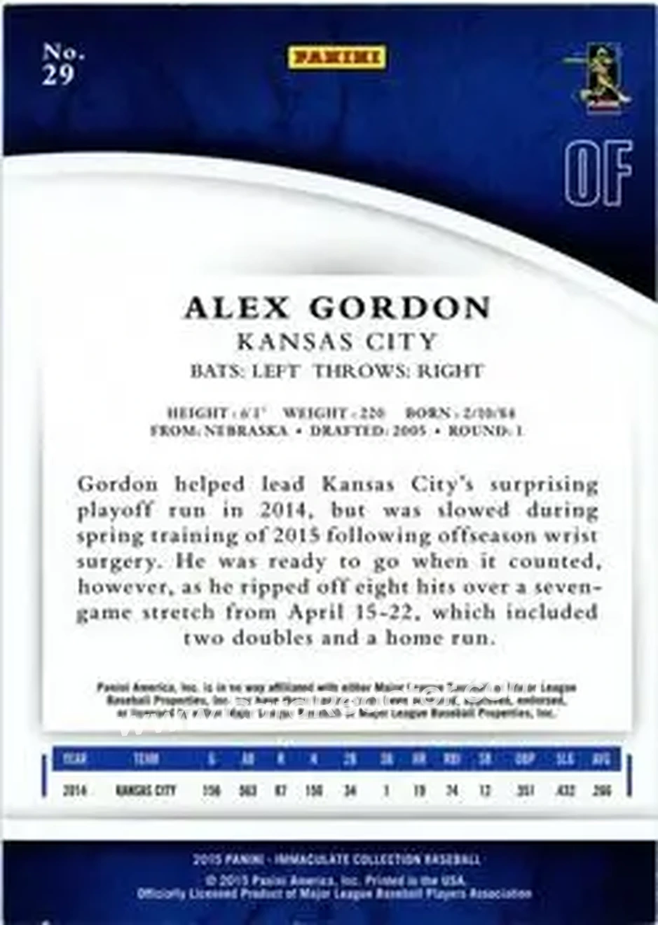 2015 Panini Immaculate Collection #29 - Alex Gordon - Kansas City Royals - Back