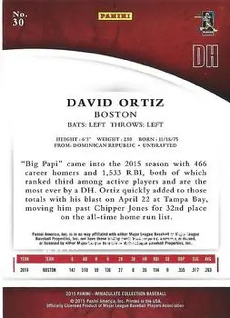 2015 Panini Immaculate Collection #30 - David Ortiz - Boston Red Sox - Back 2015 Panini Immaculate Collection #30 - David Ortiz - Boston Red Sox - Back