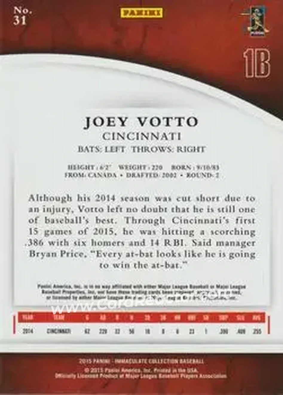 2015 Panini Immaculate Collection #31 - Joey Votto - Cincinnati Reds - Back