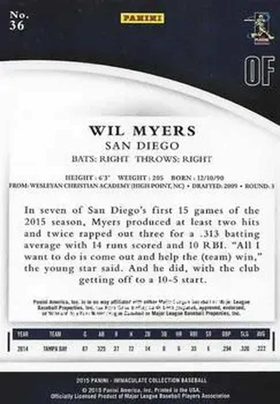 2015 Panini Immaculate Collection #36 - Wil Myers - San Diego Padres - Back