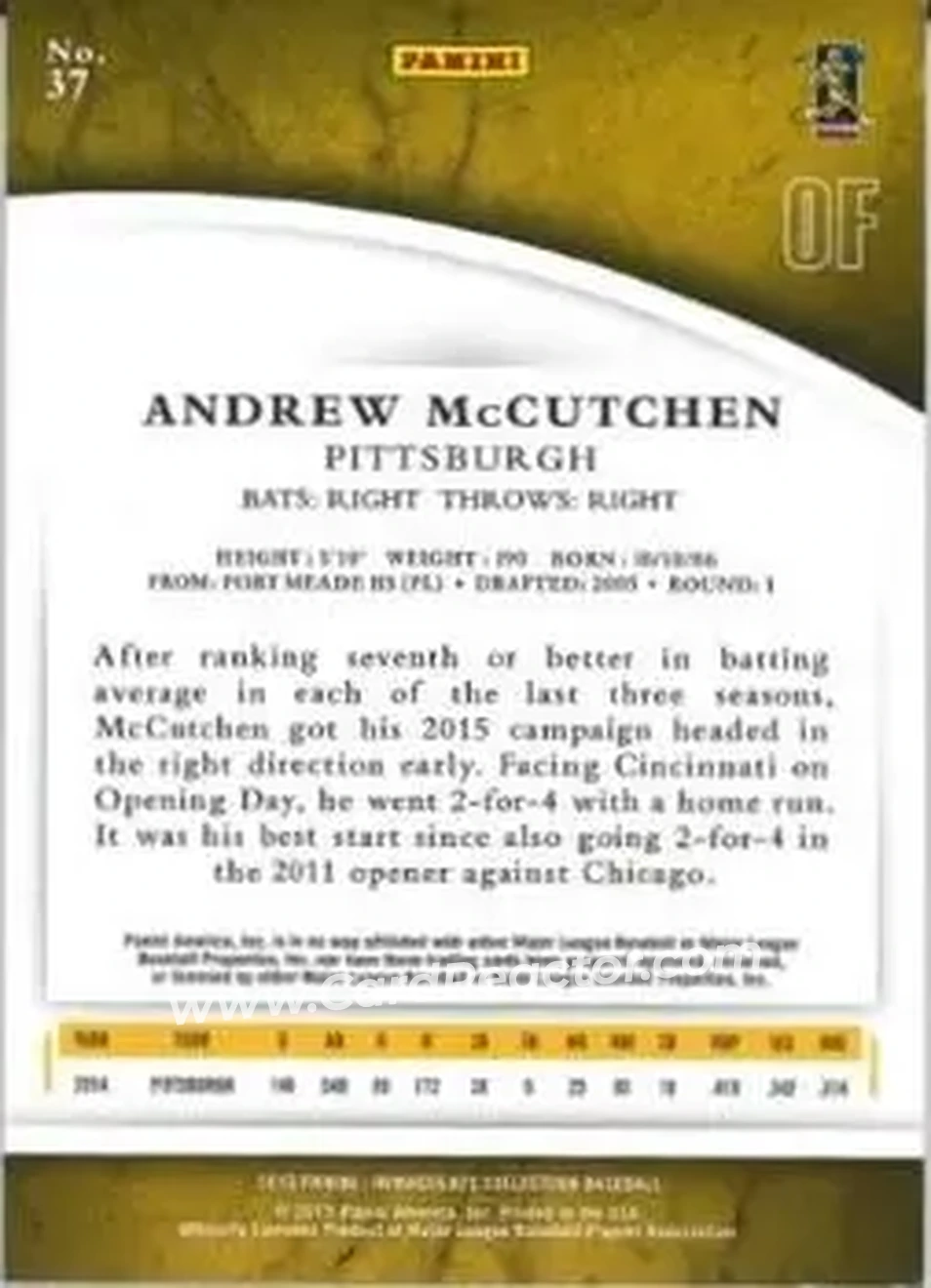 2015 Panini Immaculate Collection #37 - Andrew McCutchen - Pittsburgh Pirates - Back