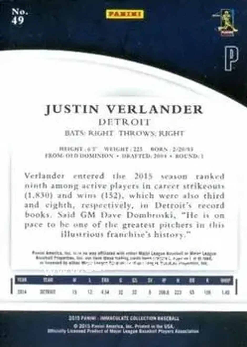 2015 Panini Immaculate Collection #49 - Justin Verlander - Detroit Tigers - Back