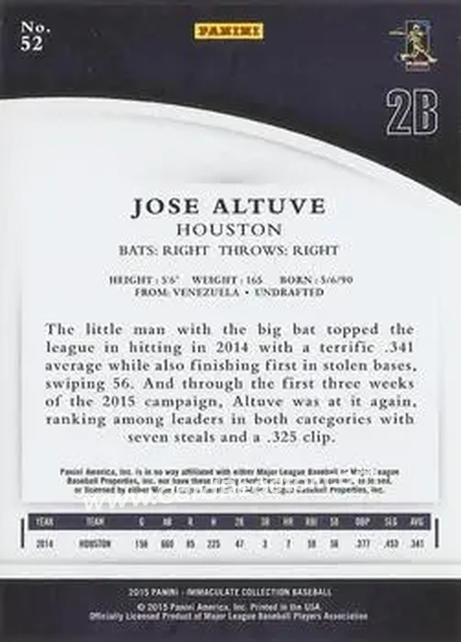 2015 Panini Immaculate Collection #52 - Jose Altuve - Houston Astros - Back