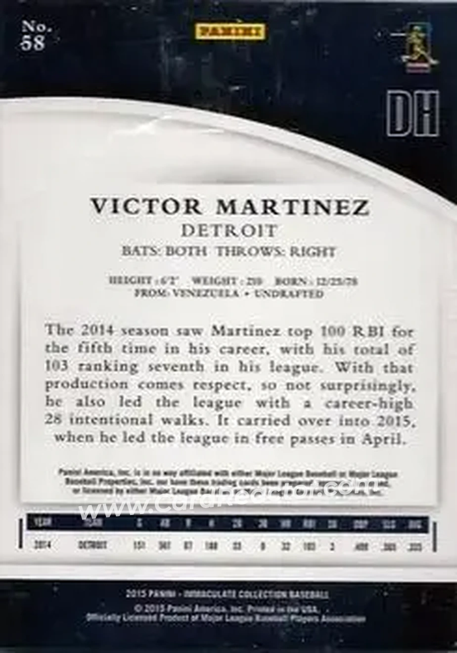2015 Panini Immaculate Collection #58 - Victor Martinez - Detroit Tigers - Back