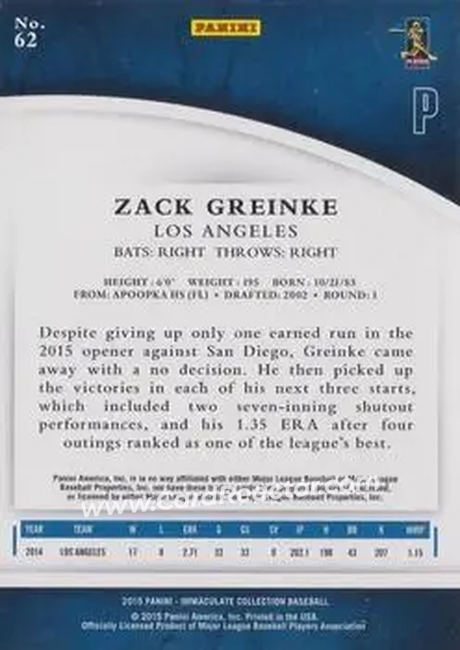 2015 Panini Immaculate Collection #62 - Zack Greinke - Los Angeles Dodgers - Back