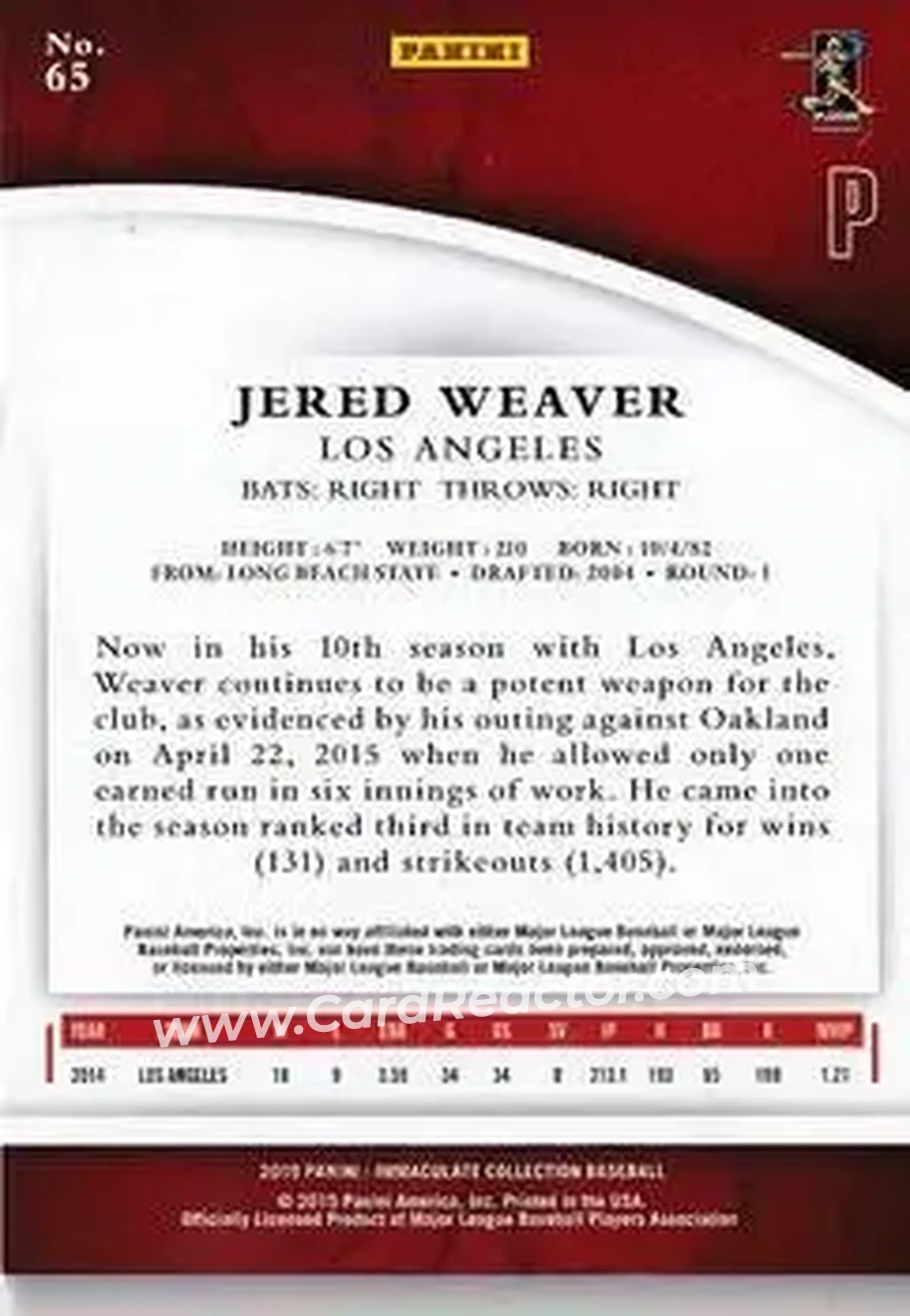 2015 Panini Immaculate Collection #65 - Jered Weaver - Los Angeles Angels - Back