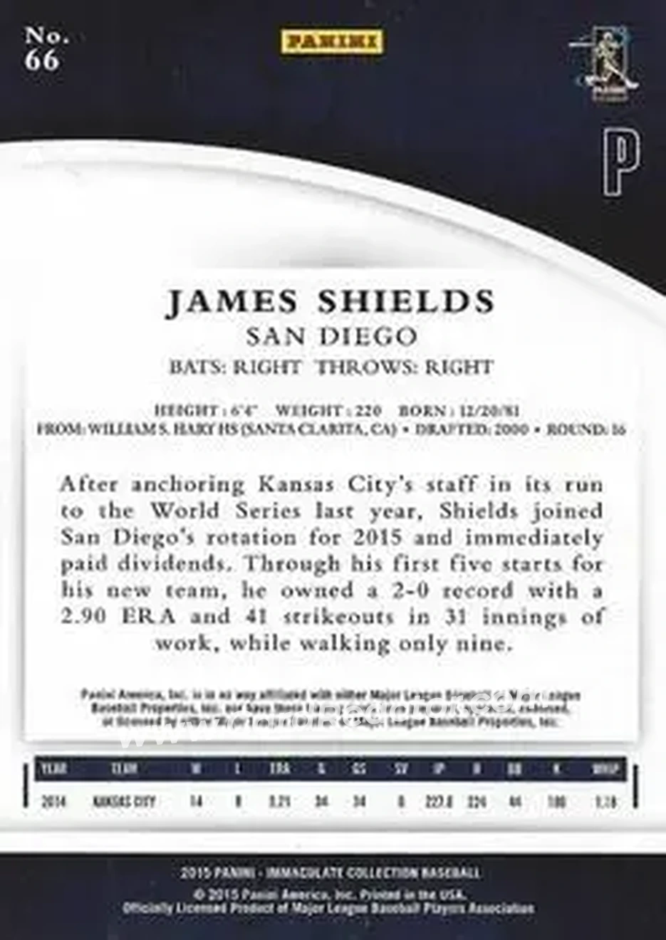 2015 Panini Immaculate Collection #66 - James Shields - San Diego Padres - Back