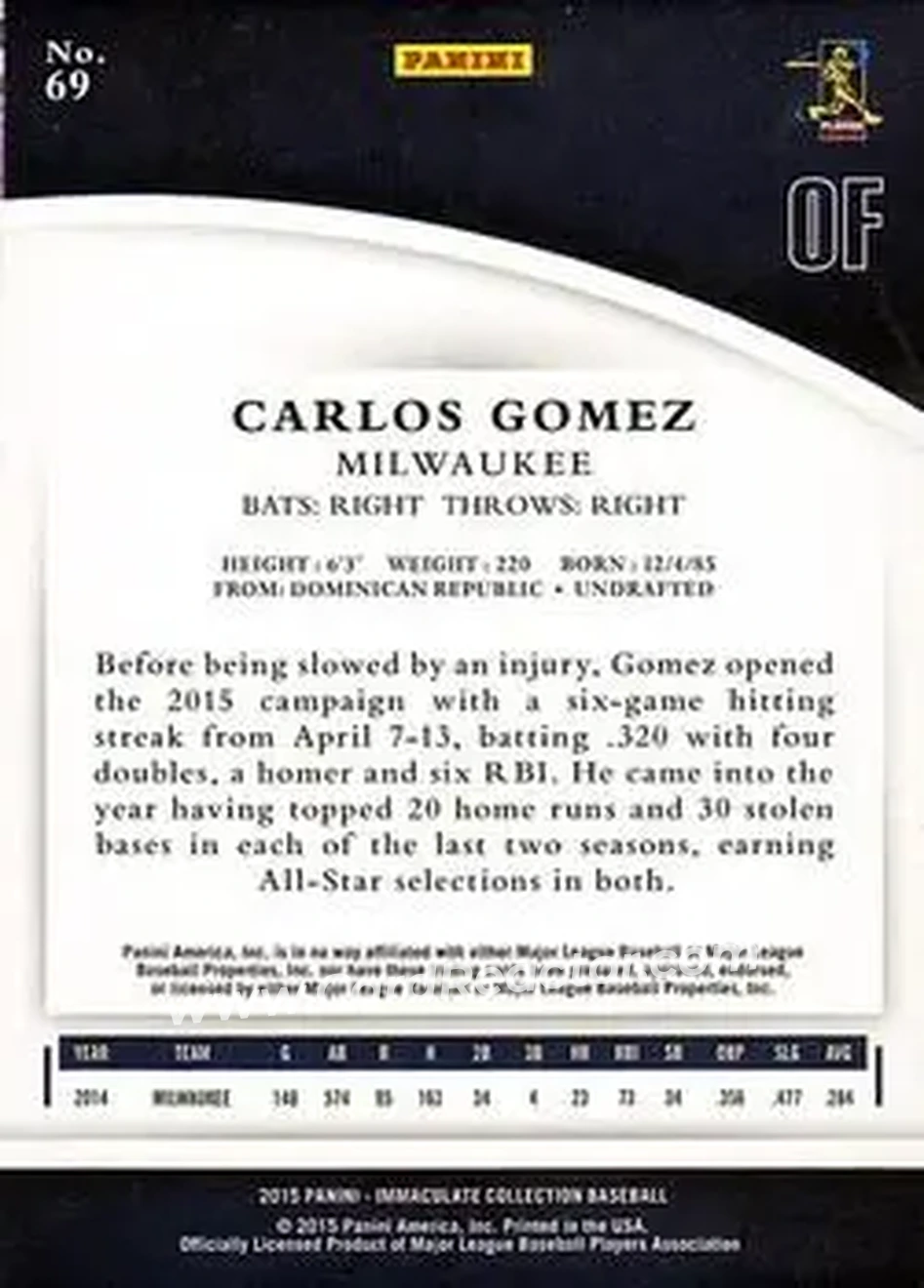 2015 Panini Immaculate Collection #69 - Carlos Gomez - Milwaukee Brewers - Back