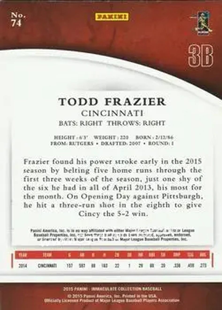 2015 Panini Immaculate Collection #74 - Todd Frazier - Cincinnati Reds - Back