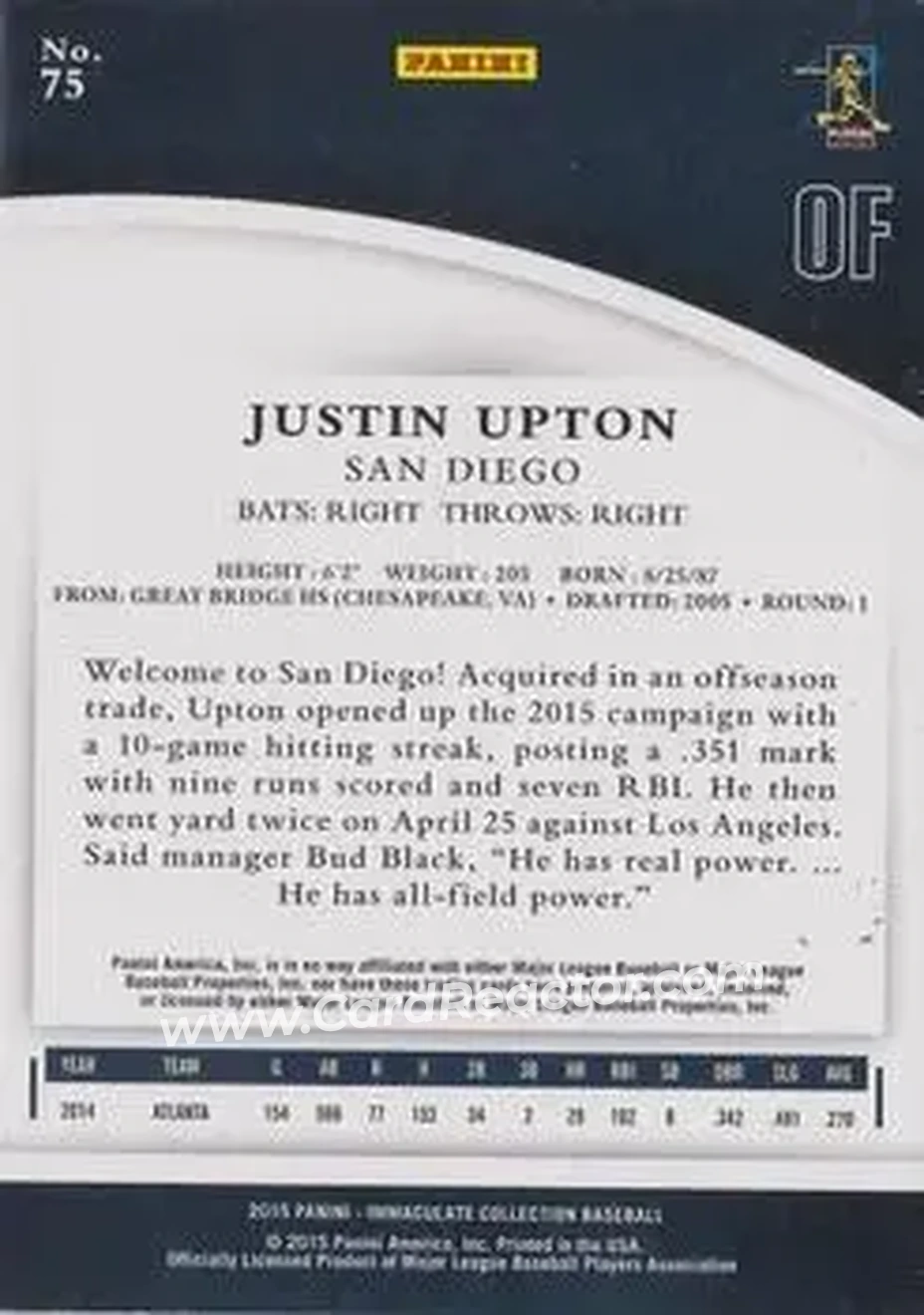 2015 Panini Immaculate Collection #75 - Justin Upton - San Diego Padres - Back
