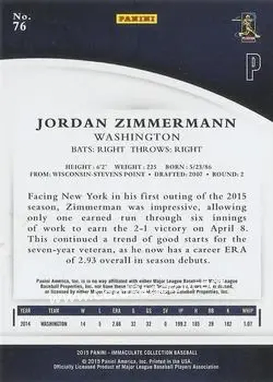 2015 Panini Immaculate Collection #76 - Jordan Zimmermann - Washington Nationals - Back