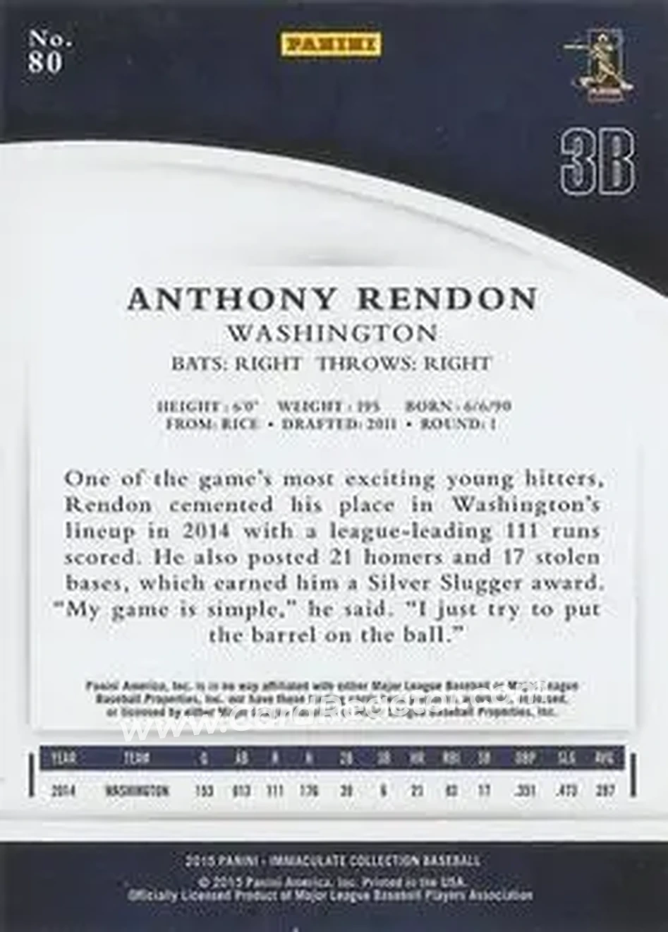 2015 Panini Immaculate Collection #80 - Anthony Rendon - Washington Nationals - Back