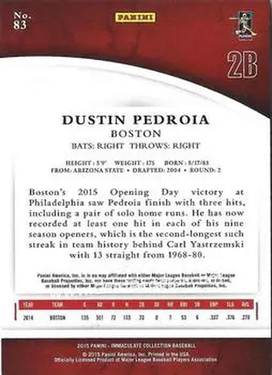 2015 Panini Immaculate Collection #83 - Dustin Pedroia - Boston Red Sox - Back