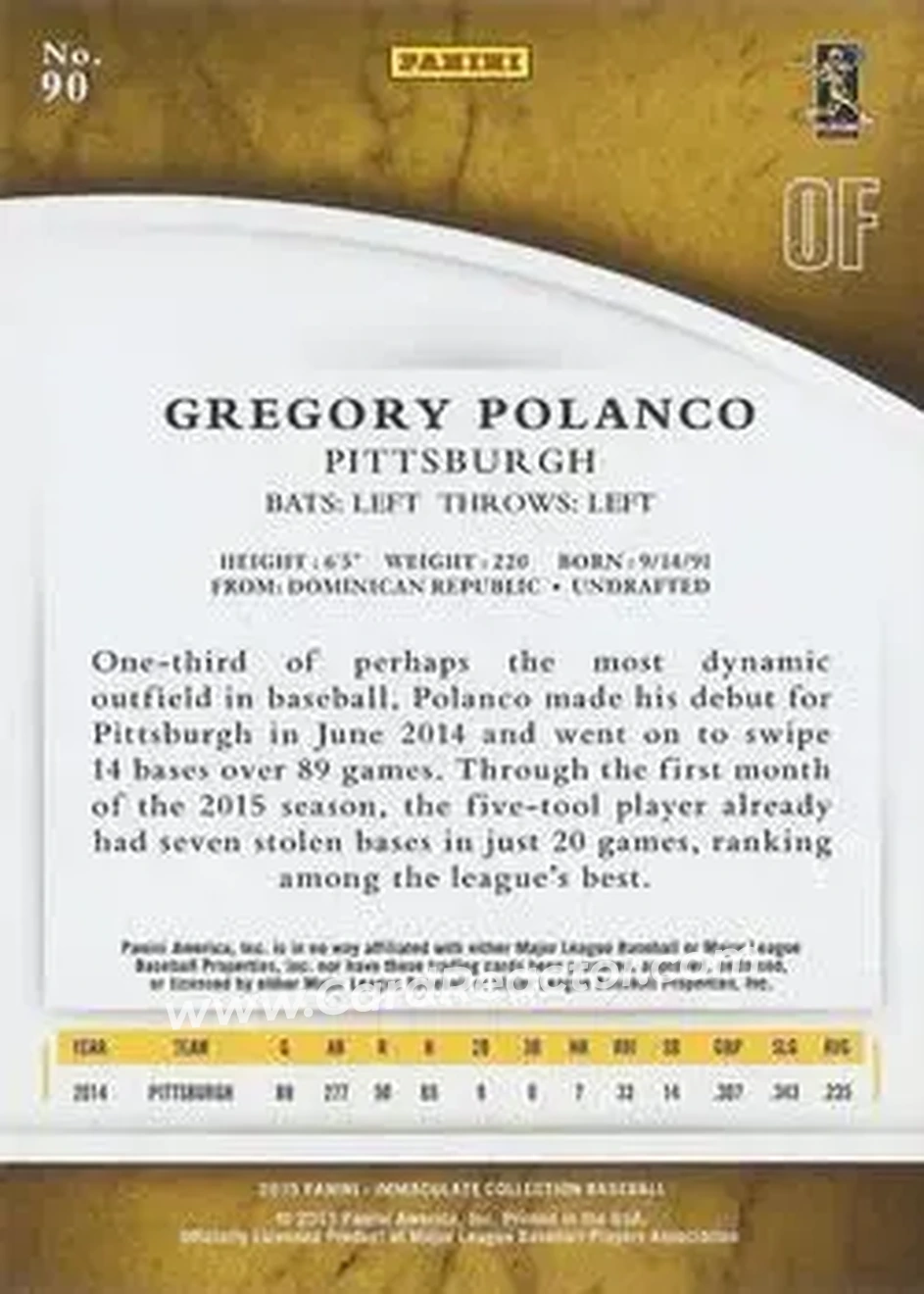 2015 Panini Immaculate Collection #90 - Gregory Polanco - Pittsburgh Pirates - Back 2015 Panini Immaculate Collection #90 - Gregory Polanco - Pittsburgh Pirates - Back