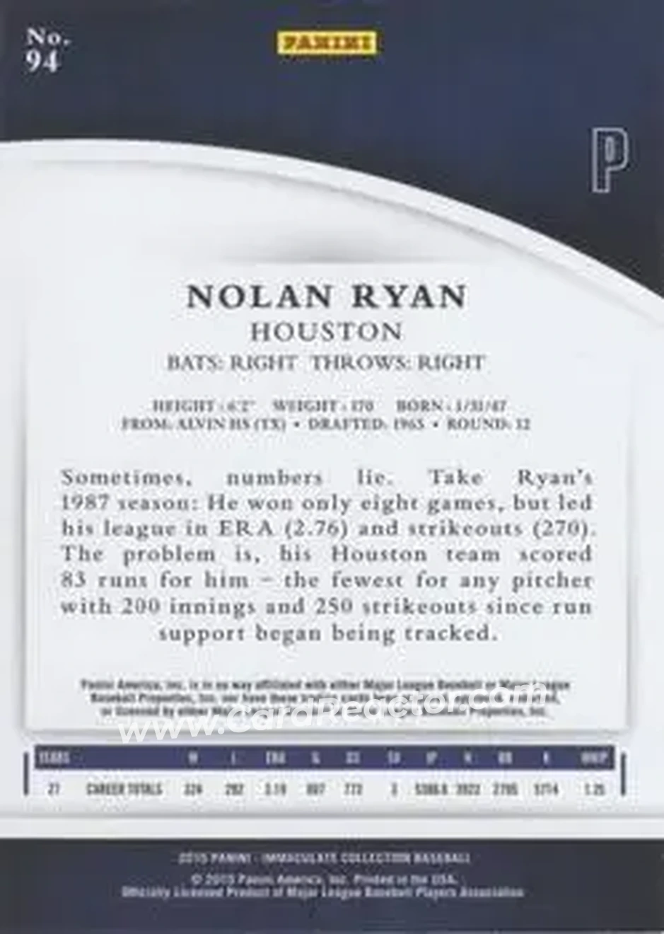 2015 Panini Immaculate Collection #94 - Nolan Ryan - Houston Astros - Back