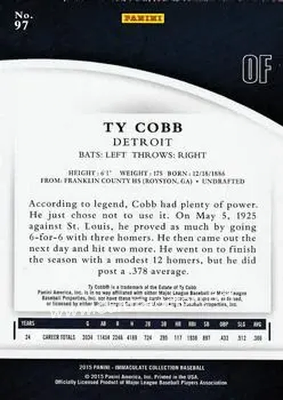 2015 Panini Immaculate Collection #97 - Ty Cobb - Detroit Tigers - Back 2015 Panini Immaculate Collection #97 - Ty Cobb - Detroit Tigers - Back