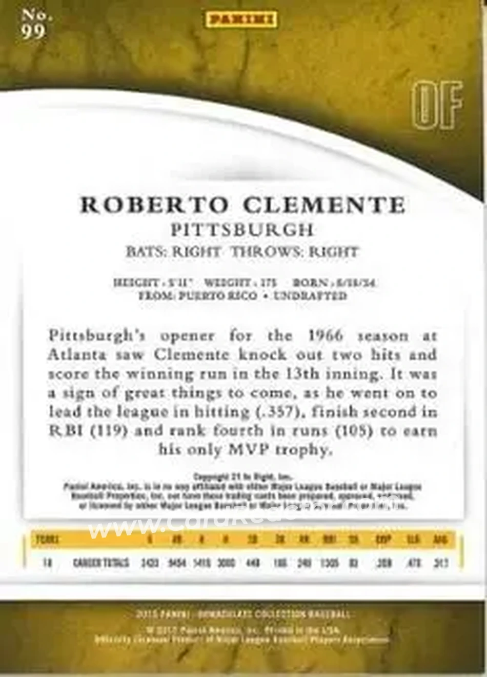 2015 Panini Immaculate Collection #99 - Bob Clemente - Pittsburgh Pirates - Back 2015 Panini Immaculate Collection #99 - Bob Clemente - Pittsburgh Pirates - Back