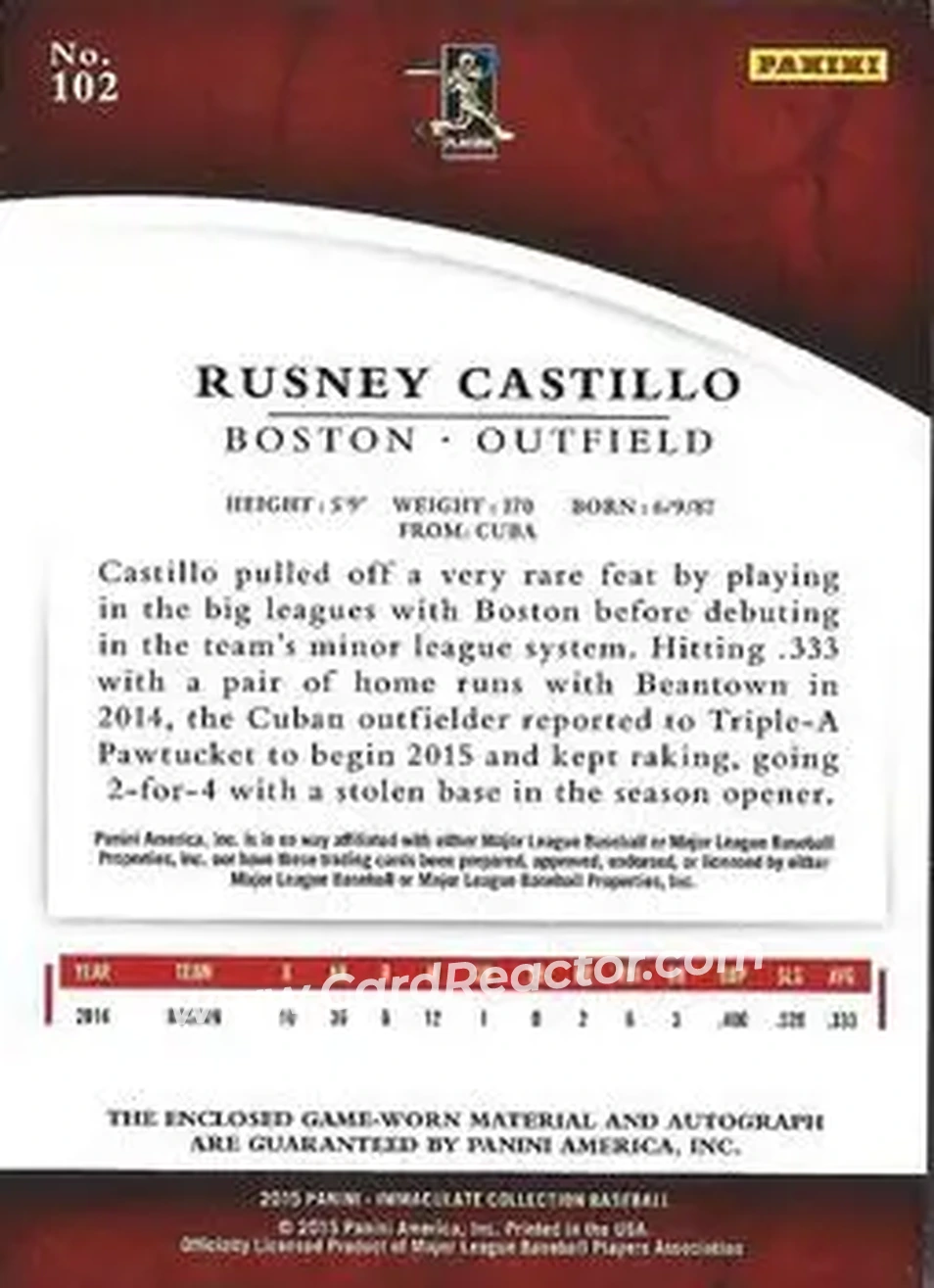 2015 Panini Immaculate Collection #102 - Rusney Castillo - Boston Red Sox - Back 2015 Panini Immaculate Collection #102 - Rusney Castillo - Boston Red Sox - Back