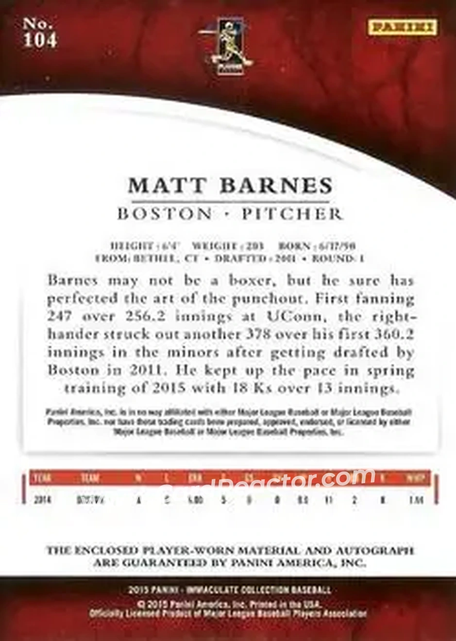 2015 Panini Immaculate Collection #104 - Matt Barnes - Boston Red Sox - Back