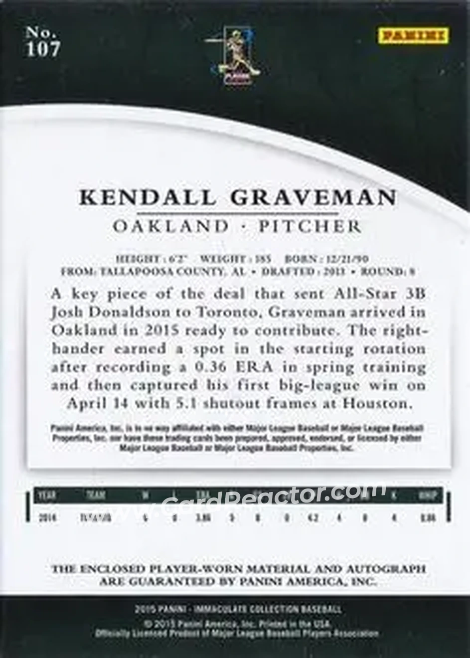 2015 Panini Immaculate Collection #107 - Kendall Graveman - Oakland Athletics - Back