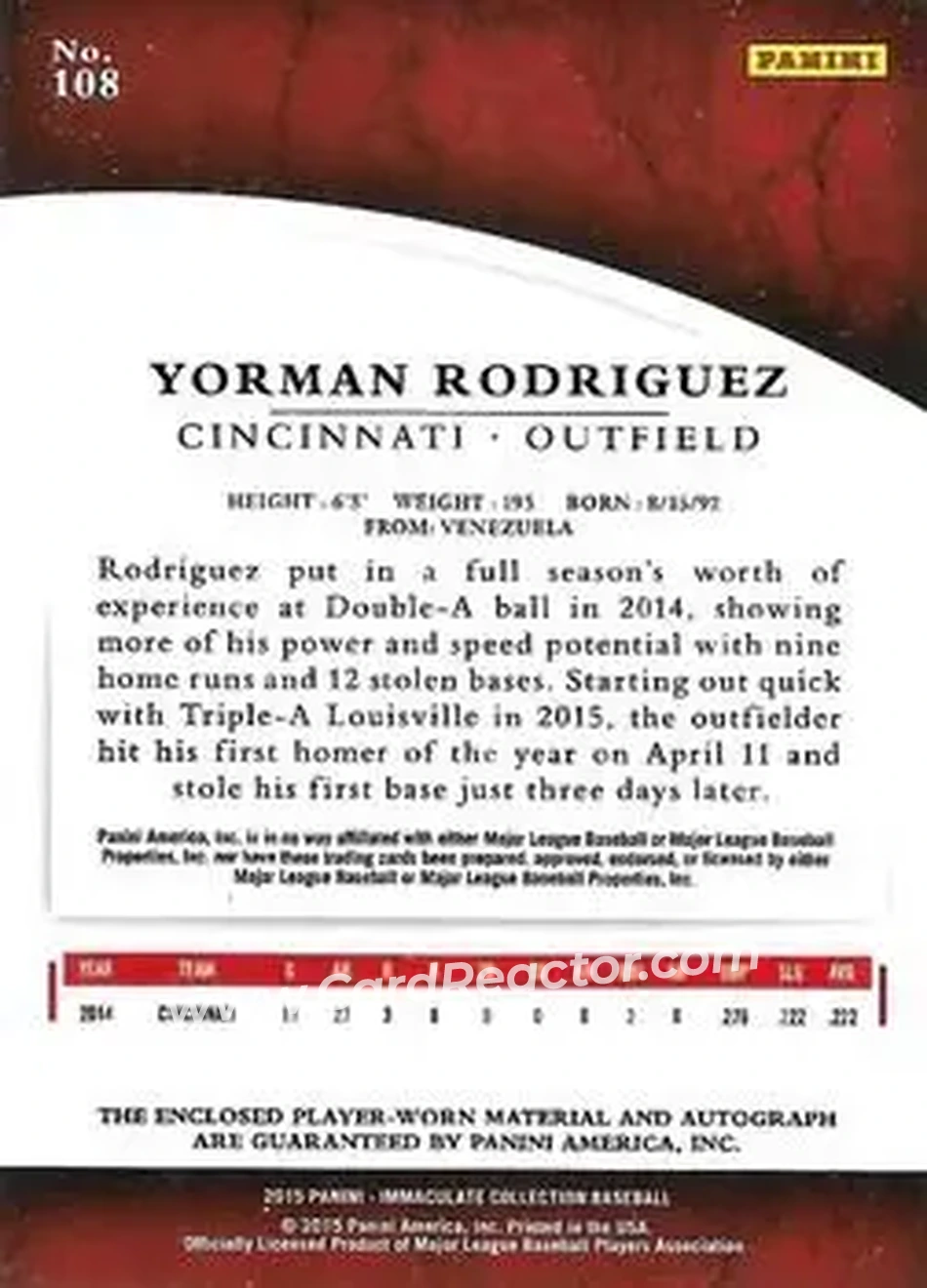 2015 Panini Immaculate Collection #108 - Yorman Rodriguez - Cincinnati Reds - Back