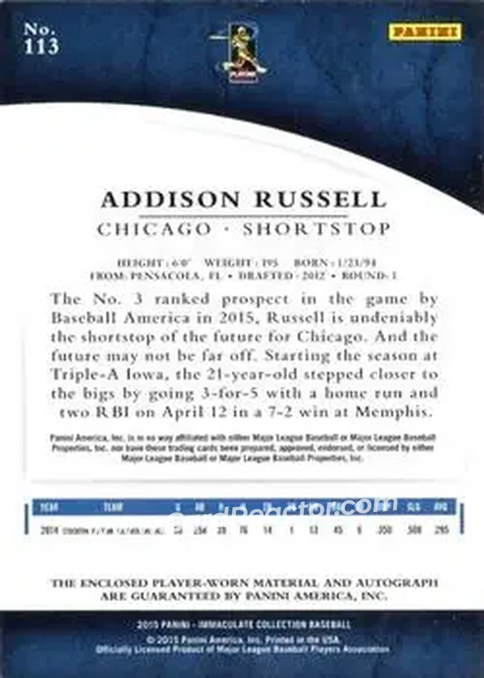 2015 Panini Immaculate Collection #113 - Addison Russell - Chicago Cubs - Back