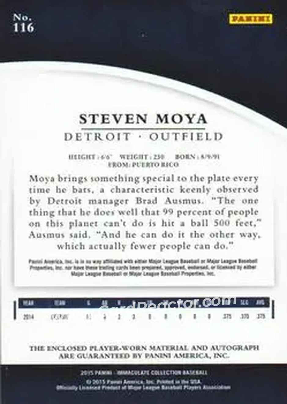 2015 Panini Immaculate Collection #116 - Steven Moya - Detroit Tigers - Back 2015 Panini Immaculate Collection #116 - Steven Moya - Detroit Tigers - Back