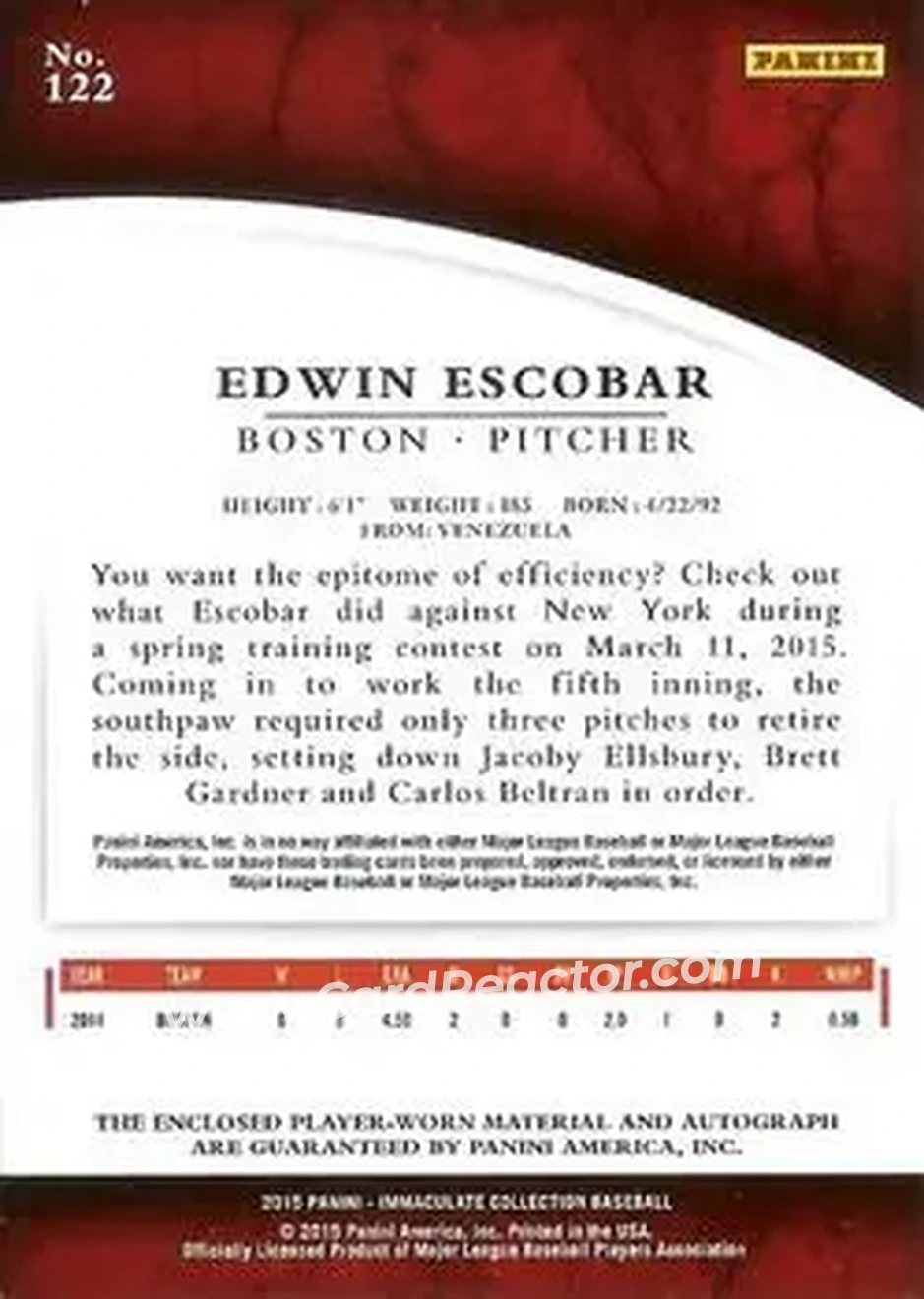 2015 Panini Immaculate Collection #122 - Edwin Escobar - Boston Red Sox - Back