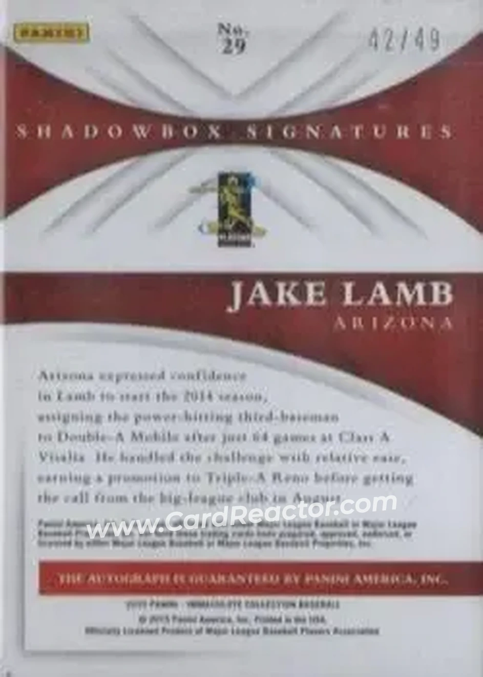 2015 Panini Immaculate Collection #125 - Jake Lamb - Arizona Diamondbacks - Back