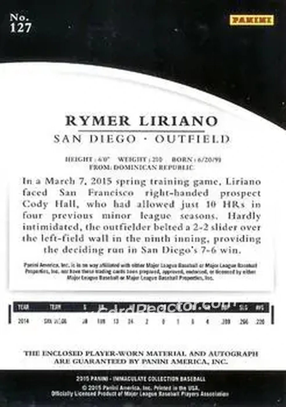 2015 Panini Immaculate Collection #127 - Rymer Liriano - San Diego Padres - Back
