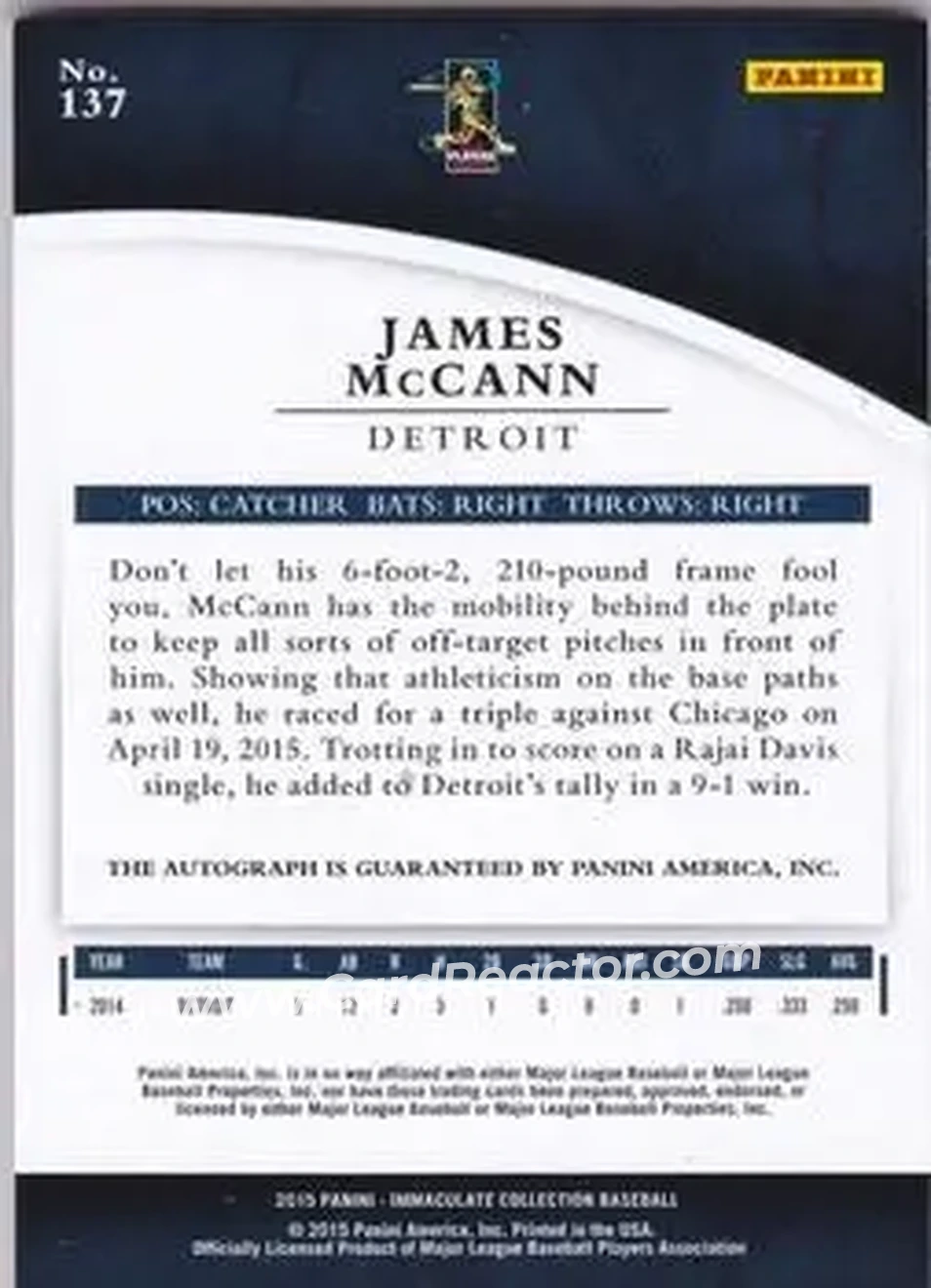 2015 Panini Immaculate Collection #137 - James McCann - Detroit Tigers - Back
