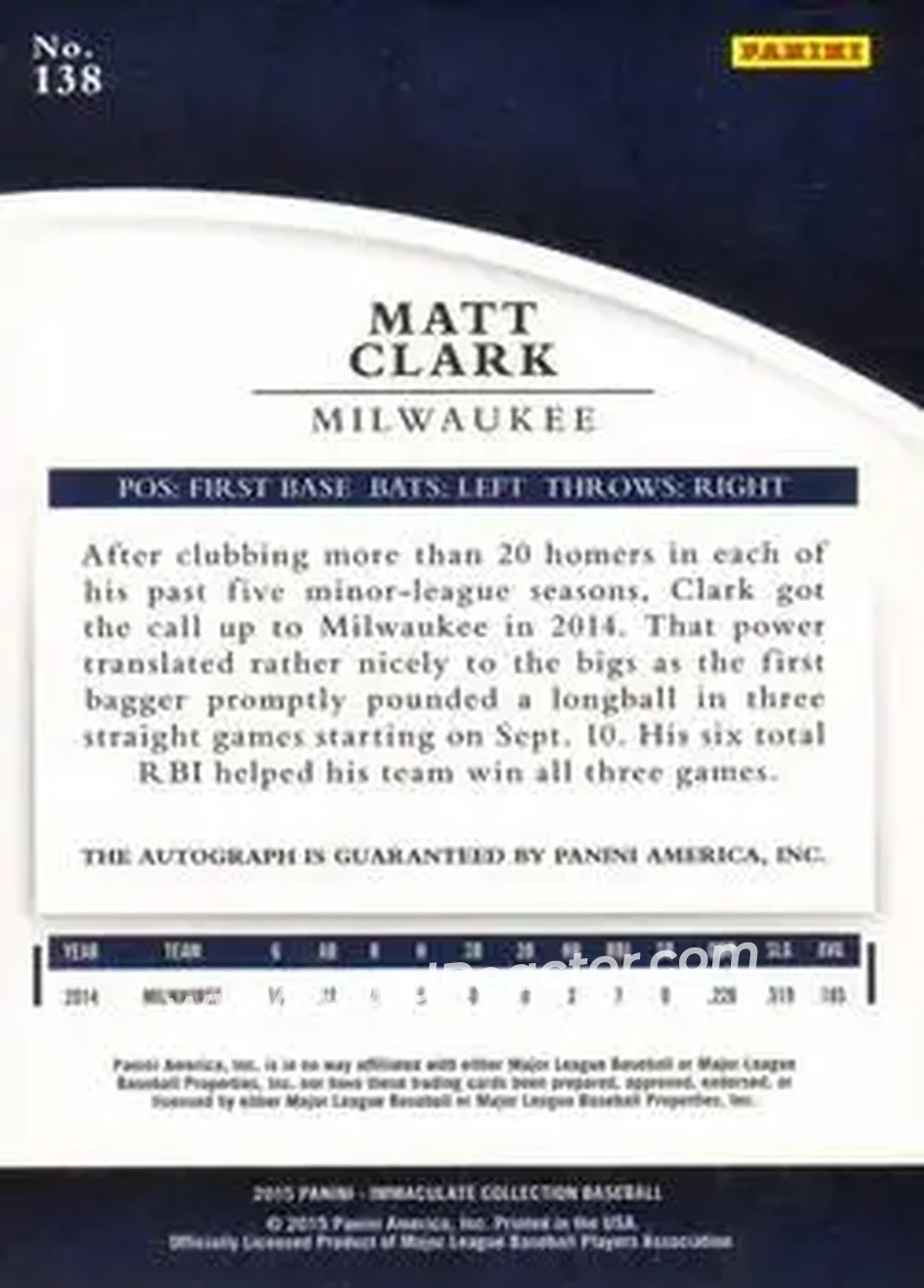 2015 Panini Immaculate Collection #138 - Matt Clark - Milwaukee Brewers - Back