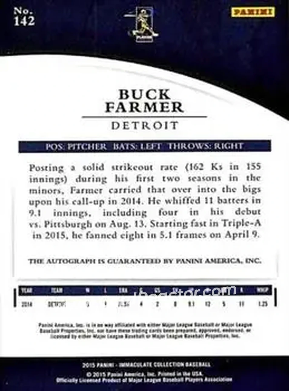 2015 Panini Immaculate Collection #142 - Buck Farmer - Detroit Tigers - Back