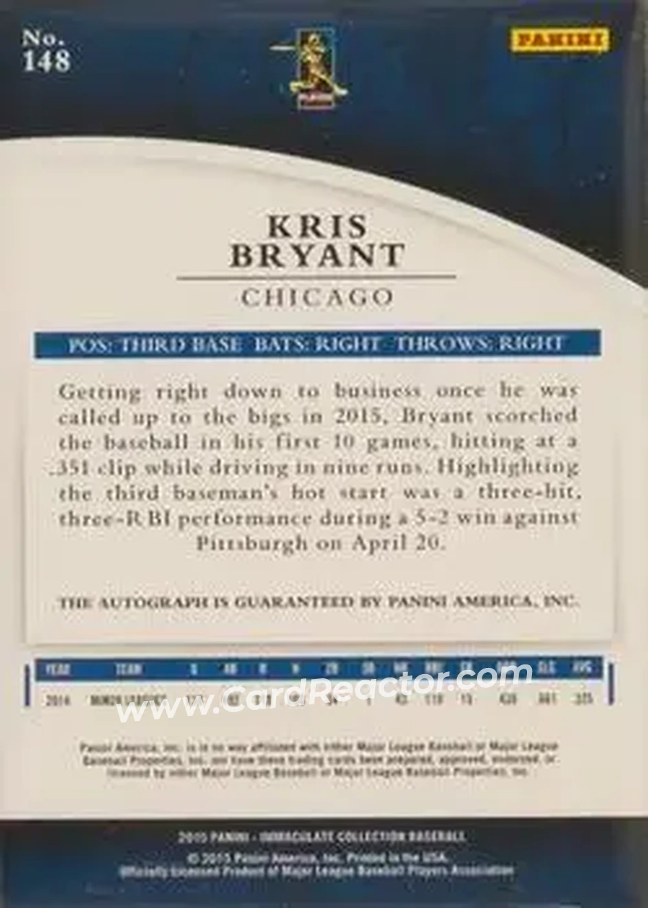 2015 Panini Immaculate Collection #148 - Kris Bryant - Chicago Cubs - Back
