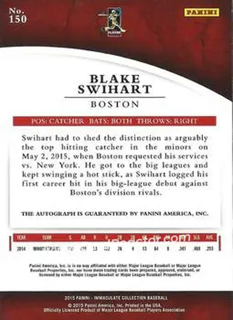 2015 Panini Immaculate Collection #150 - Blake Swihart - Boston Red Sox - Back