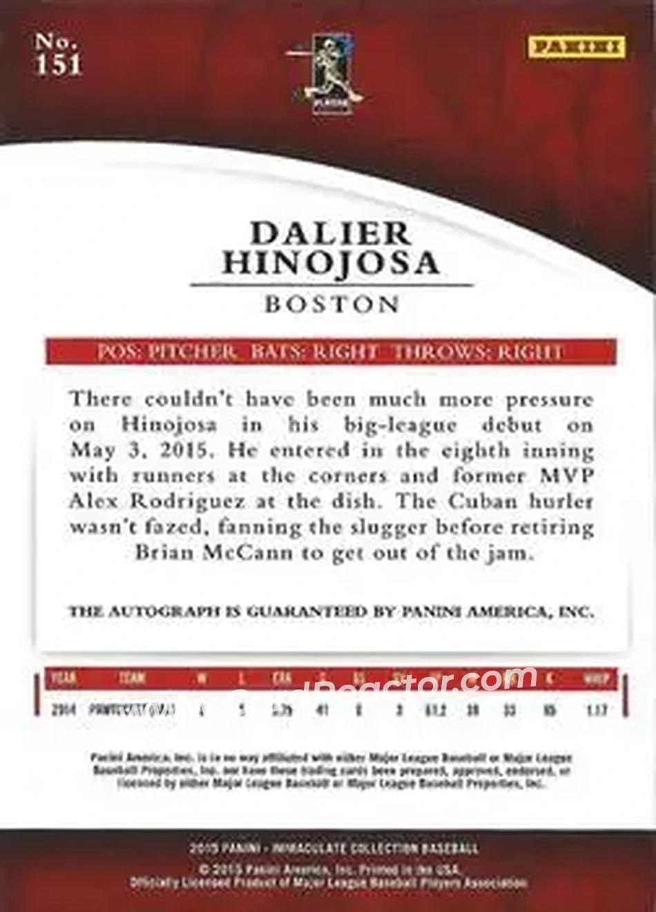 2015 Panini Immaculate Collection #151 - Dalier Hinojosa - Boston Red Sox - Back