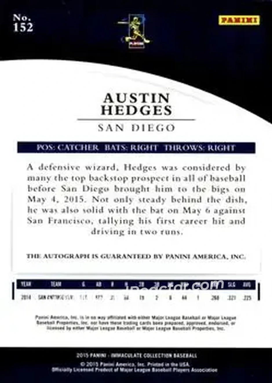 2015 Panini Immaculate Collection #152 - Austin Hedges - San Diego Padres - Back