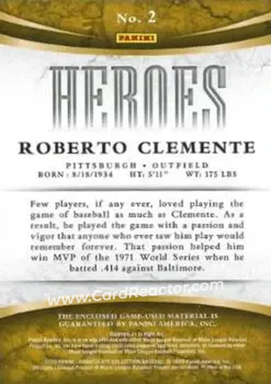 2015 Panini Immaculate Collection - Immaculate Heroes Materials #2 - Bob Clemente - Pittsburgh Pirates - Back